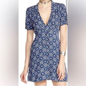 Free People Blue Patterned Short Sleeve Melody Dress Sz. 2